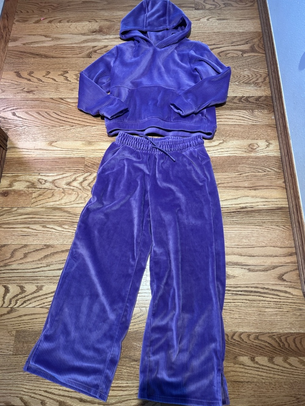 Kids Cozy Purple Hooded Corduroy Pajama Set - Two-Piece Lounge Set